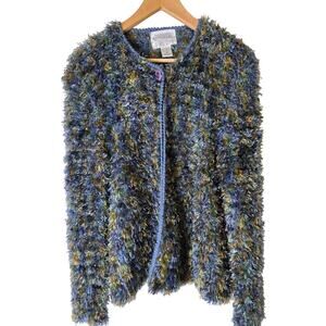 Vintage SIDE EFFECTS Blue Green Fuzzy Open Front Shaggy Cardigan SZ M